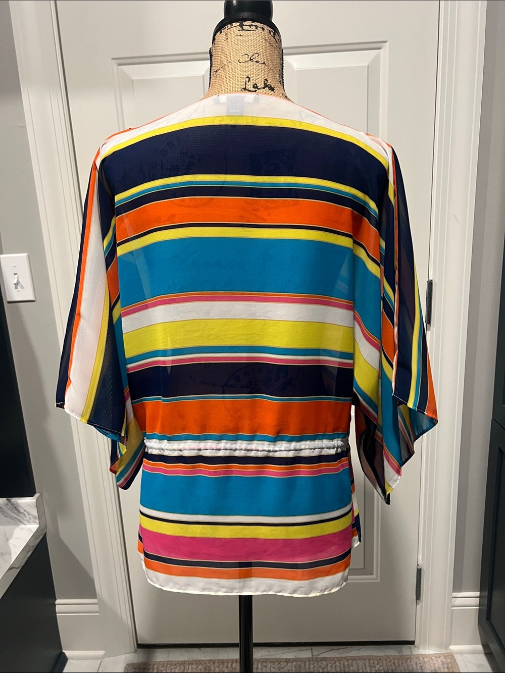 Chaps Sz XS Colorful Sheer Striped Tie-Waist Top Multicolor Beach Cruise Travel - Picture 2 of 11
